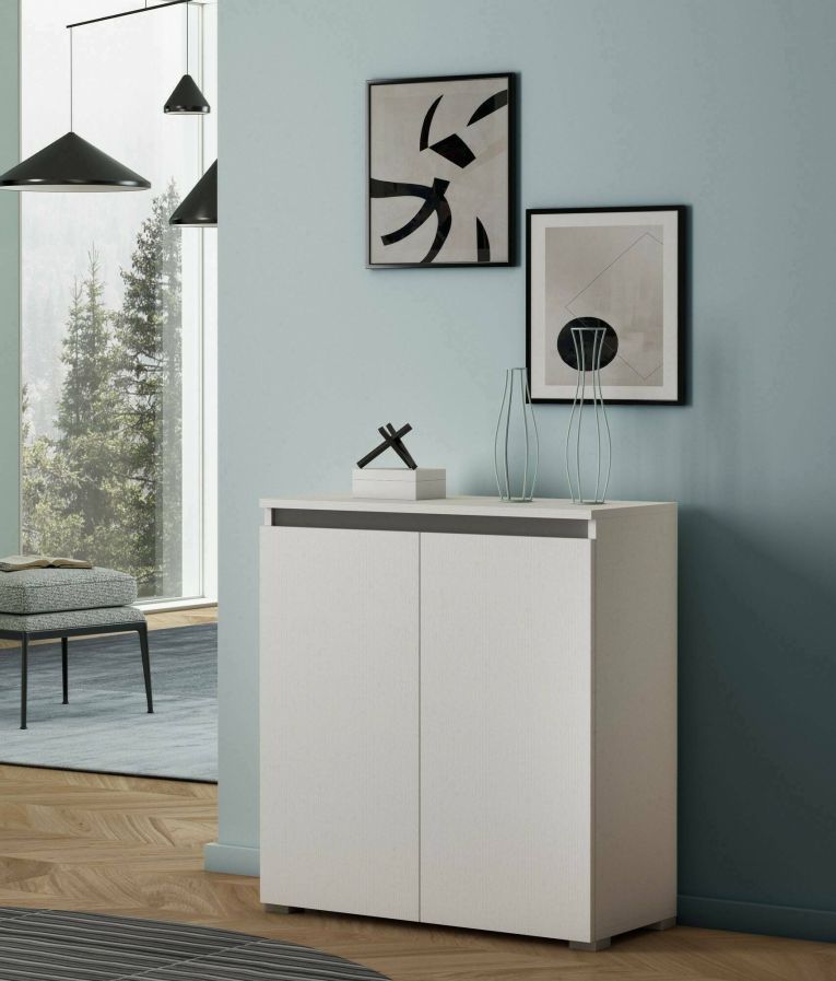 Scarpiera Calla, Mobile multiuso, Porta scarpe salvaspazio a 2 ante, Armadio portaoggetti con scaffali, 100% Made in Italy, 80x37h102 cm, Bianco