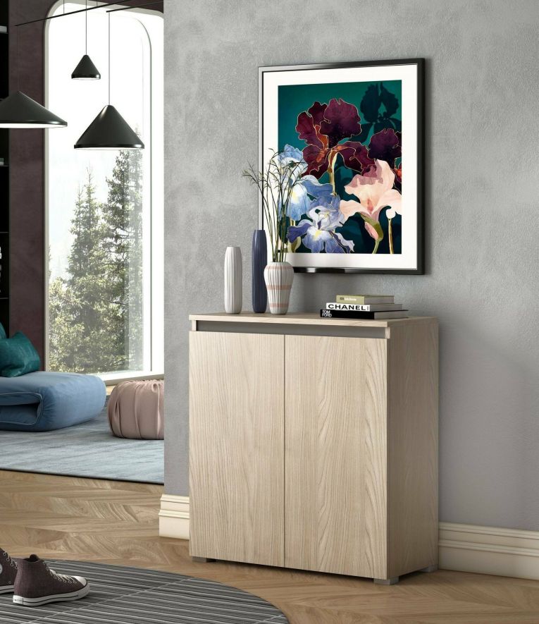 Scarpiera Calla, Mobile multiuso, Porta scarpe salvaspazio a 2 ante, Armadio portaoggetti con scaffali, 100% Made in Italy, 80x37h102 cm, Olmo