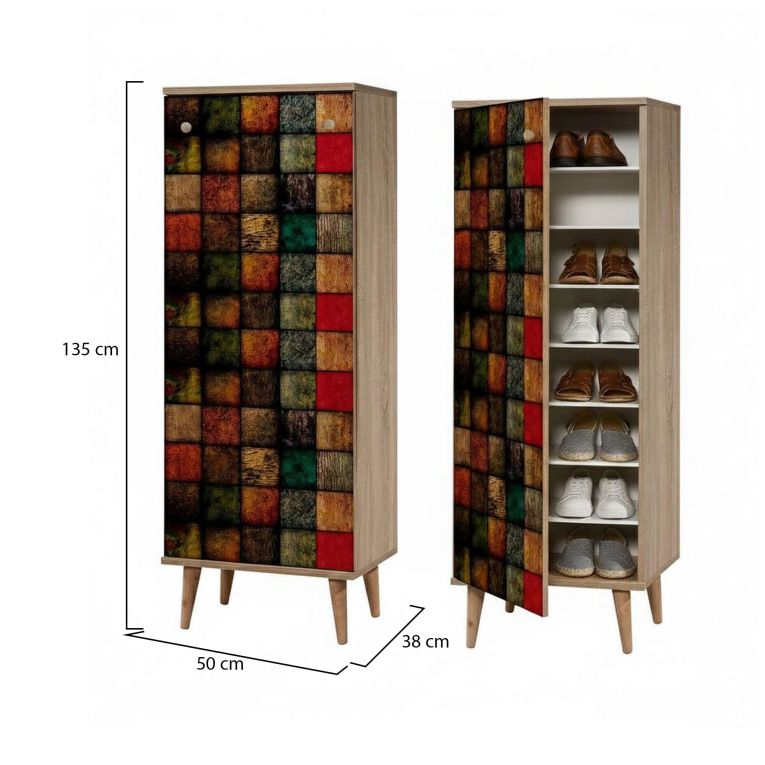 Scarpiera Cebalrai, Porta scarpe salvaspazio , Armadio da ingresso multiuso, Mobile per calzature, 50x38h135 cm, Quercia e Multicolore