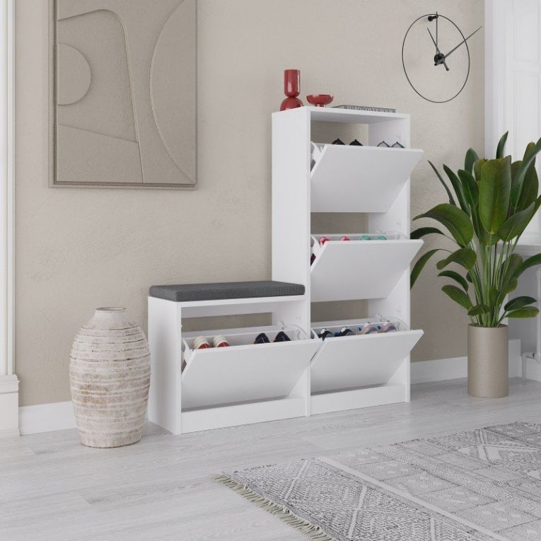 Scarpiera Chiron, Mobile portascarpe, Armadio da ingresso multiuso, Mobiletto per calzature, 105x26 h119 cm, Bianco