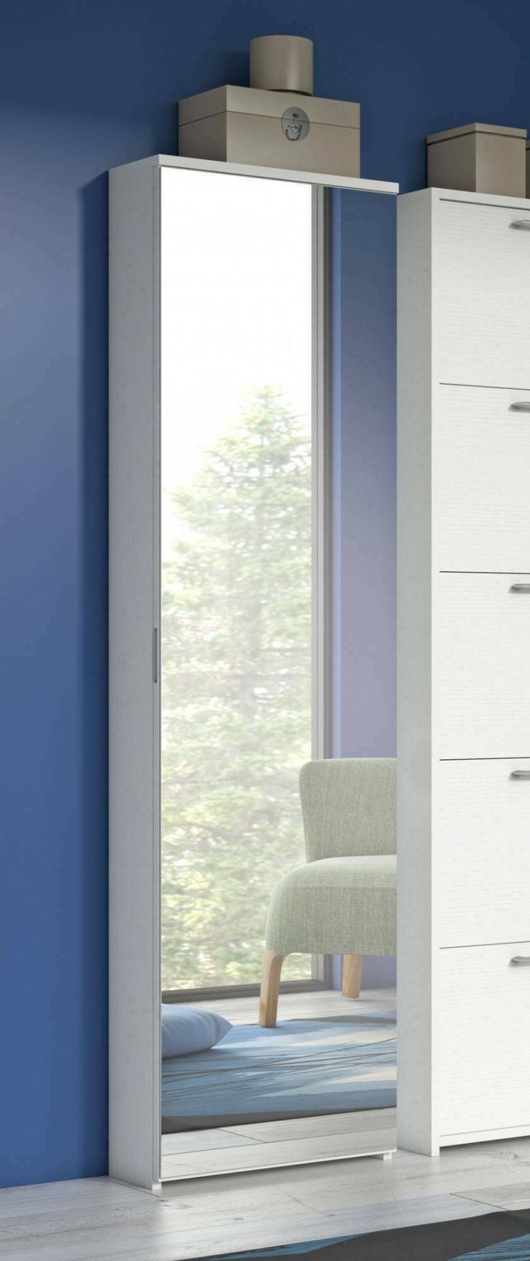 Scarpiera Ciclamino, Mobile multiuso da ingresso con anta a specchio , Armadio moderno portascarpe a 5 ripiani, 100% Made in Italy, 50x18h178 cm, Bianco