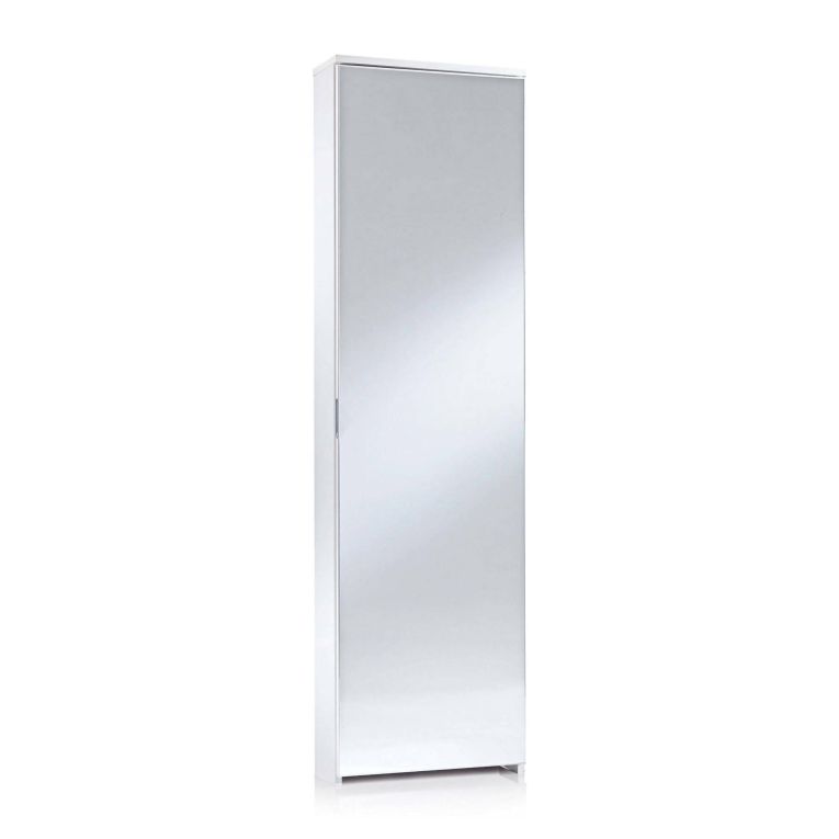 Scarpiera Ciclamino, Mobile multiuso da ingresso con anta a specchio , Armadio moderno portascarpe a 5 ripiani, 100% Made in Italy, 50x18h178 cm, Bianco