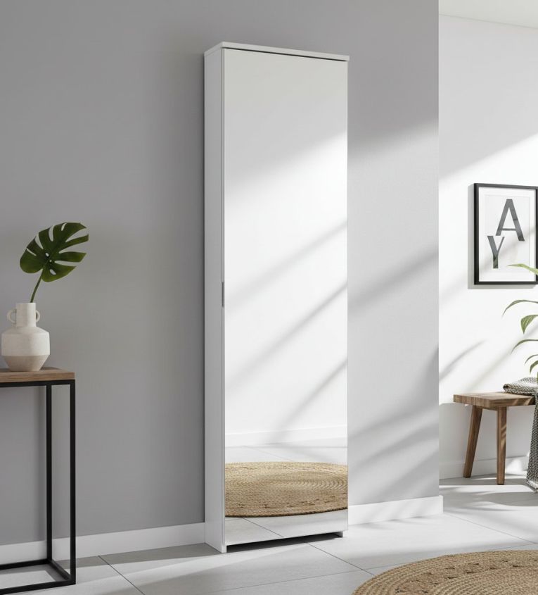 Scarpiera Ciclamino, Mobile multiuso da ingresso con anta a specchio , Armadio moderno portascarpe a 5 ripiani, 100% Made in Italy, 50x18h178 cm, Bianco