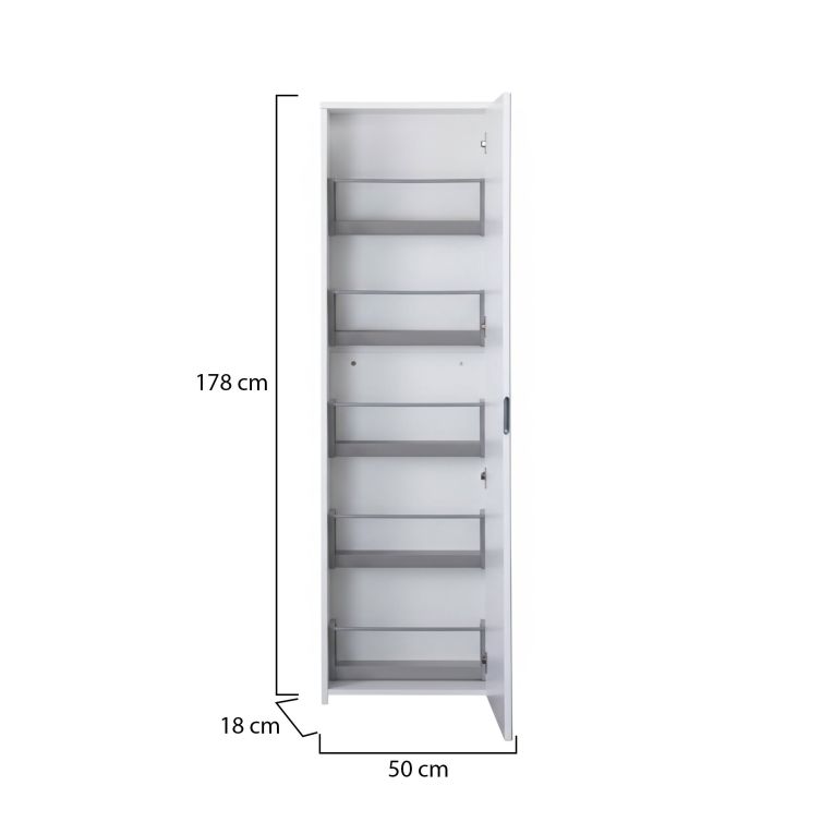 Scarpiera Ciclamino, Mobile multiuso da ingresso con anta a specchio , Armadio moderno portascarpe a 5 ripiani, 100% Made in Italy, 50x18h178 cm, Bianco