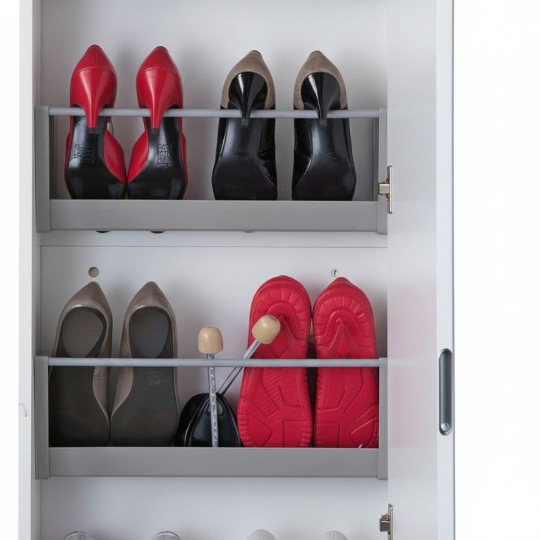Scarpiera Ciclamino, Mobile multiuso da ingresso con anta a specchio , Armadio moderno portascarpe a 5 ripiani, 100% Made in Italy, 50x18h178 cm, Bianco