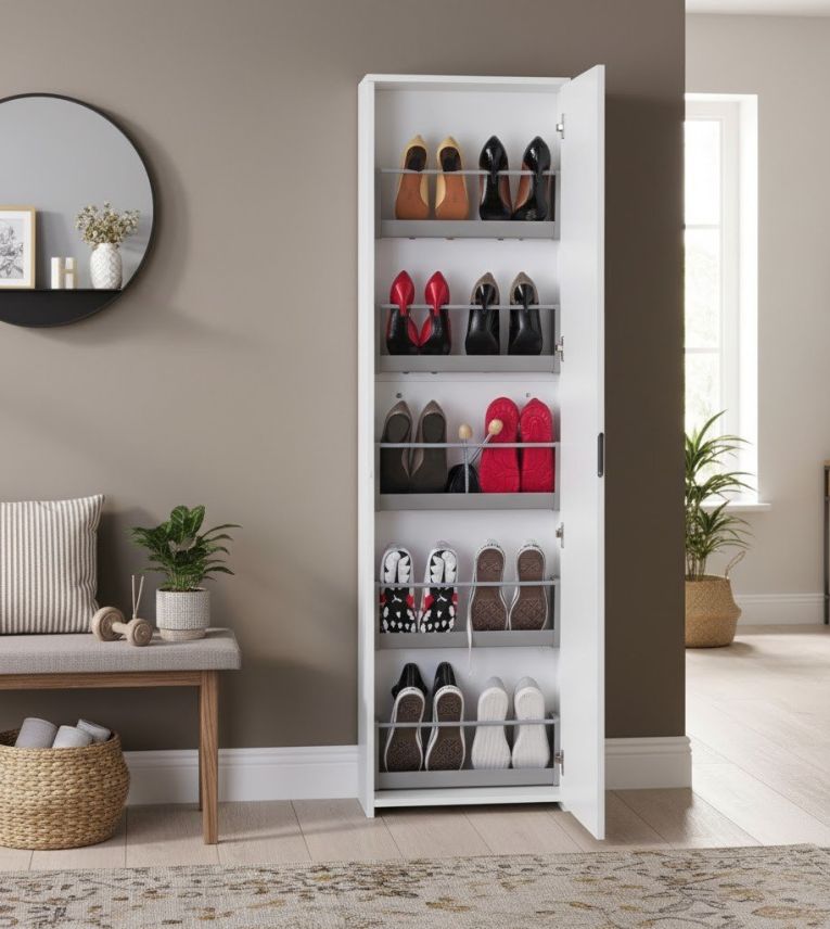 Scarpiera Ciclamino, Mobile multiuso da ingresso con anta a specchio , Armadio moderno portascarpe a 5 ripiani, 100% Made in Italy, 50x18h178 cm, Bianco