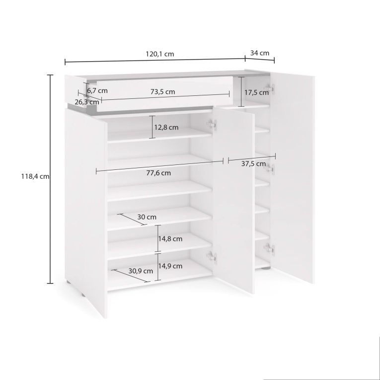 Scarpiera Conakry, Mobile portascarpe, Armadio da ingresso multiuso, Mobiletto per calzature, Made in Italy, 120x34h115 cm, Bianco lucido e Antracite