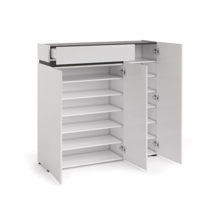 Scarpiera Conakry, Mobile portascarpe, Armadio da ingresso multiuso, Mobiletto per calzature, Made in Italy, 120x34h115 cm, Bianco lucido e Antracite