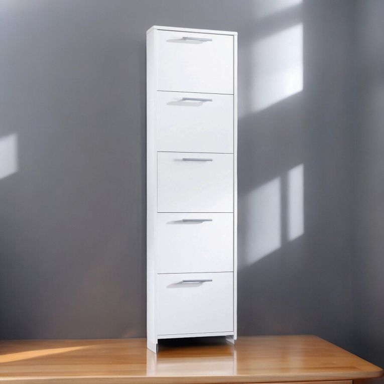 Scarpiera Dafne, Mobile multiuso da ingresso a 5 ante, Armadio moderno portascarpe a ripiani, 100% Made in Italy, 50x18h178 cm, Bianco