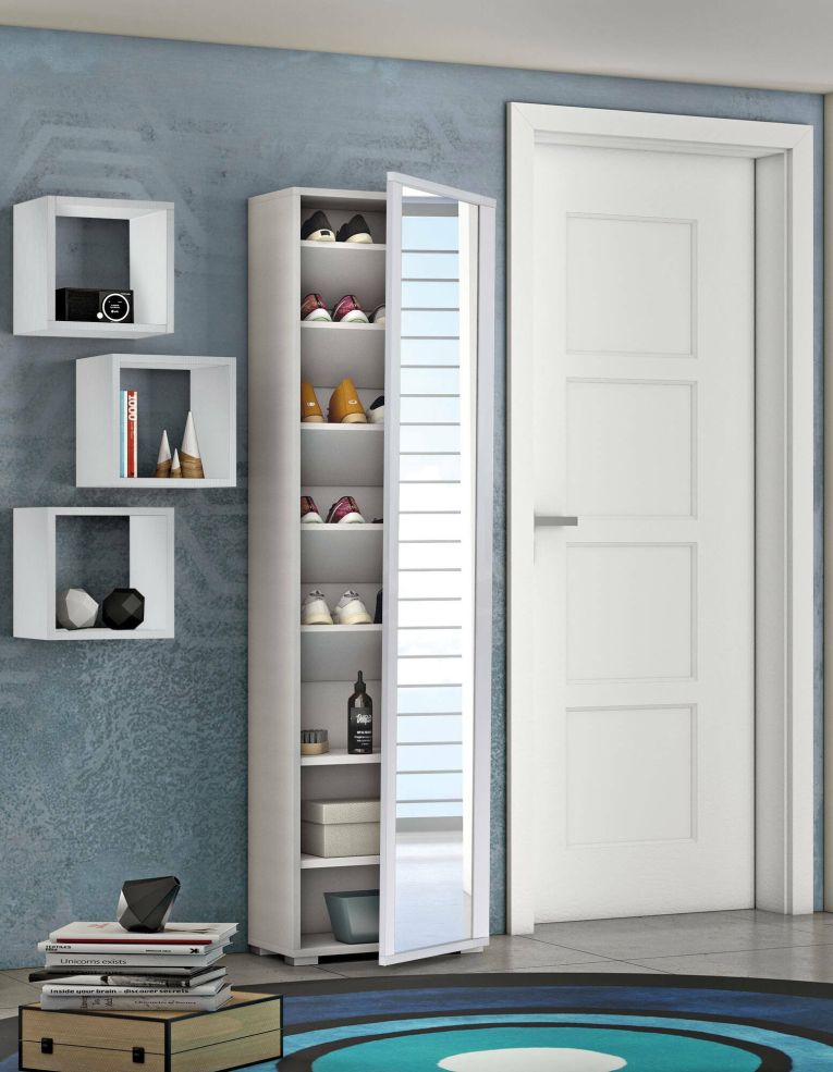 Scarpiera Datura, Mobile multiuso da ingresso con anta a specchio , Armadio moderno portascarpe a 7 ripiani, 100% Made in Italy, 50x32hx182 cm, Bianco