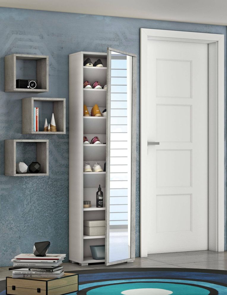 Scarpiera Datura, Mobile multiuso da ingresso con anta a specchio , Armadio moderno portascarpe a 7 ripiani, 100% Made in Italy, 50x32hx182 cm, Bianco e Cemento