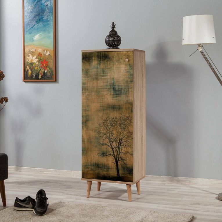Scarpiera Deimos, Mobile portascarpe, Armadio da ingresso multiuso, Mobiletto per calzature, 50x38 h135 cm, Quercia e Giallo