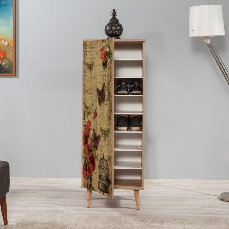 Scarpiera Deimos, Mobile portascarpe, Armadio da ingresso multiuso, Mobiletto per calzature, 50x38 h135 cm, Quercia e Multicolore