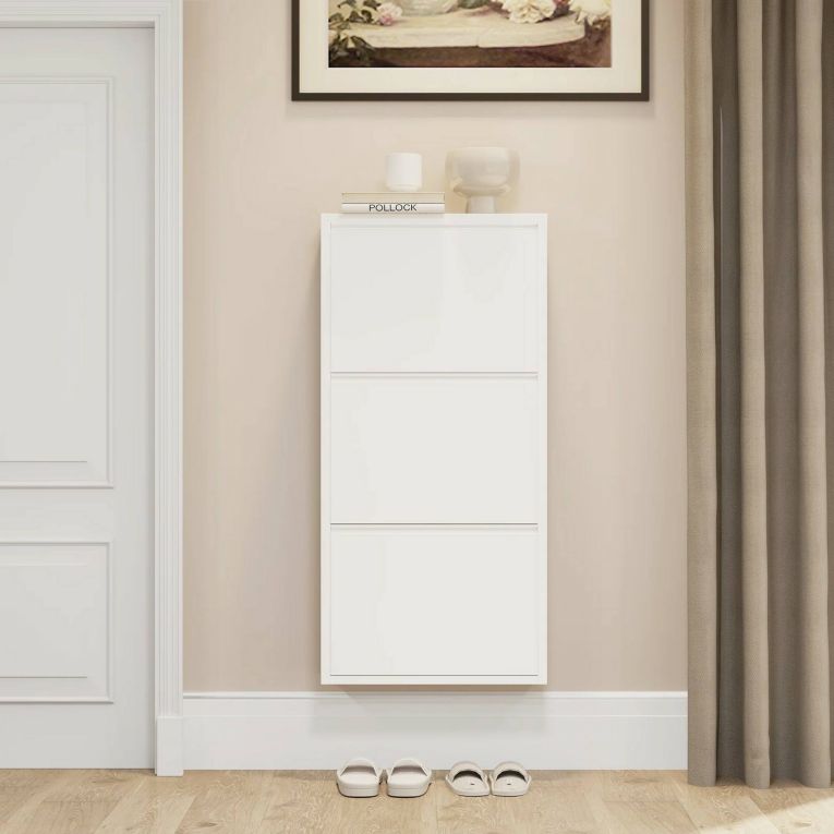 Scarpiera Eliseo, Mobile portascarpe in metallo, Armadio da ingresso multiuso, Mobiletto per calzature, 50x15h104 cm, Bianco
