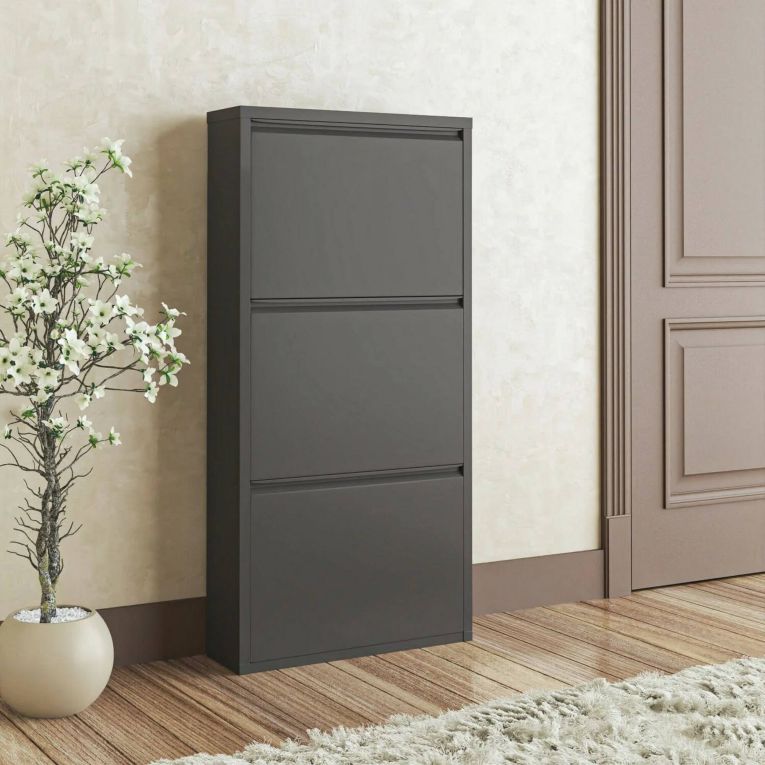 Scarpiera Eliseo, Mobile portascarpe in metallo, Armadio da ingresso multiuso, Mobiletto per calzature, 50x15h104 cm, Nero
