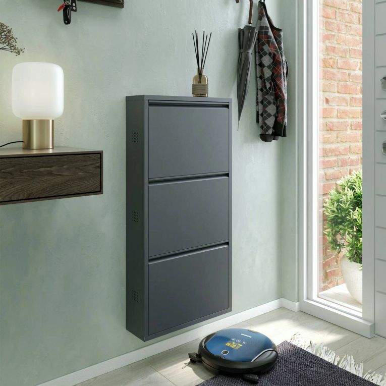 Scarpiera Eliseo, Mobile portascarpe in metallo, Armadio da ingresso multiuso, Mobiletto per calzature, 50x15h104 cm, Nero