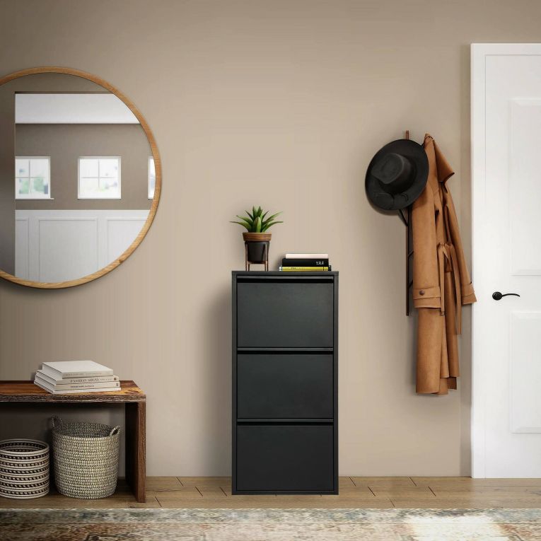 Scarpiera Eliseo, Mobile portascarpe in metallo, Armadio da ingresso multiuso, Mobiletto per calzature, 50x15h104 cm, Nero