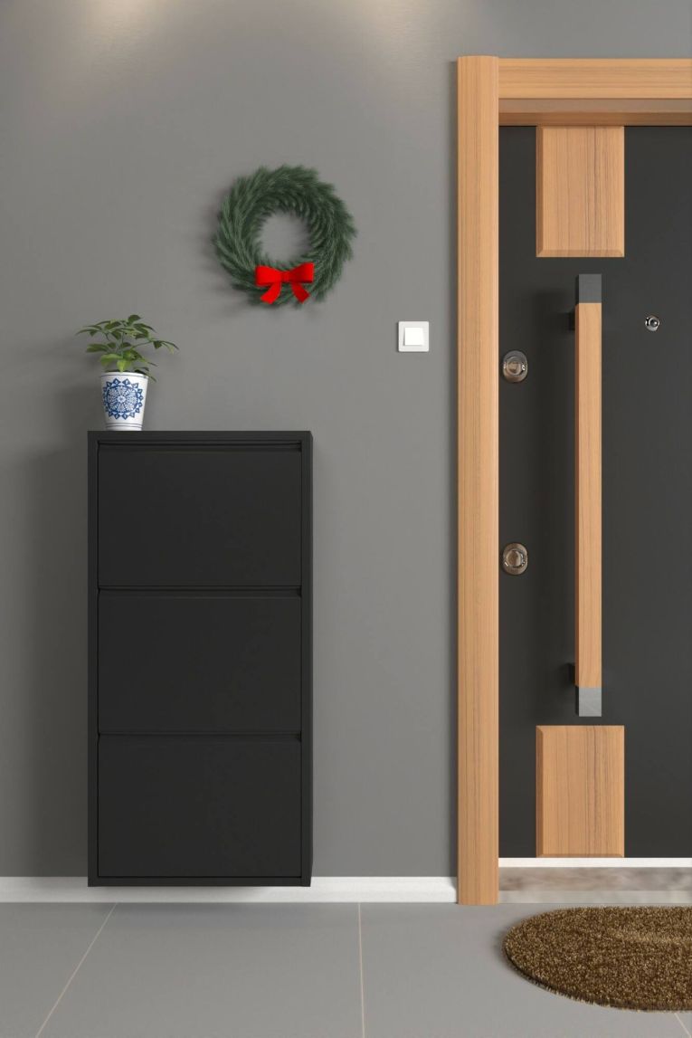 Scarpiera Eliseo, Mobile portascarpe in metallo, Armadio da ingresso multiuso, Mobiletto per calzature, 50x15h104 cm, Nero