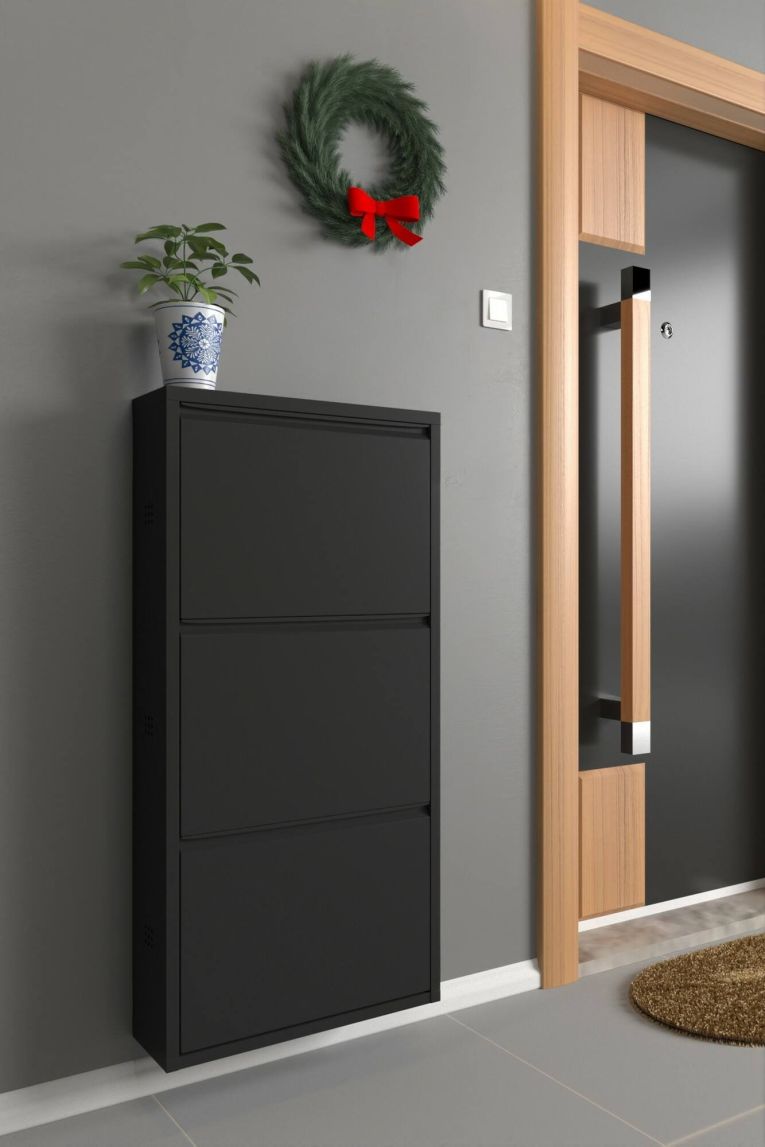 Scarpiera Eliseo, Mobile portascarpe in metallo, Armadio da ingresso multiuso, Mobiletto per calzature, 50x15h104 cm, Nero