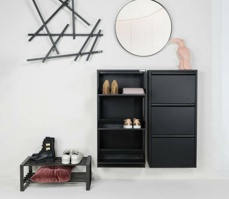 Scarpiera Eliseo, Mobile portascarpe in metallo, Armadio da ingresso multiuso, Mobiletto per calzature, 50x15h104 cm, Nero