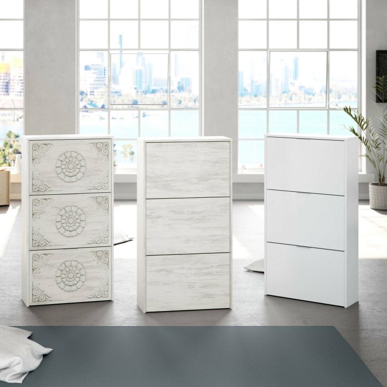 Scarpiera Escondido, Armadio portascarpe a 3 ante a ribalta-, Mobile doppia capienza per max 18 paia di scarpe, 60x22h113 cm, Bianco anticato