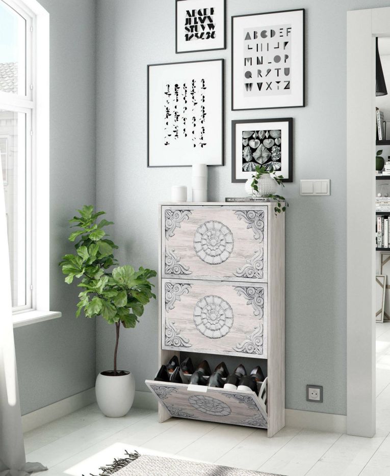 Scarpiera Escondido, Armadio portascarpe a 3 ante a ribalta-, Mobile doppia capienza per max 18 paia di scarpe, 60x22h113 cm, Bianco anticato