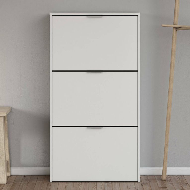Scarpiera Escondido, Armadio portascarpe a 3 ante a ribalta-, Mobile doppia capienza per max 18 paia di scarpe, 70x17h180 cm, Bianco lucido