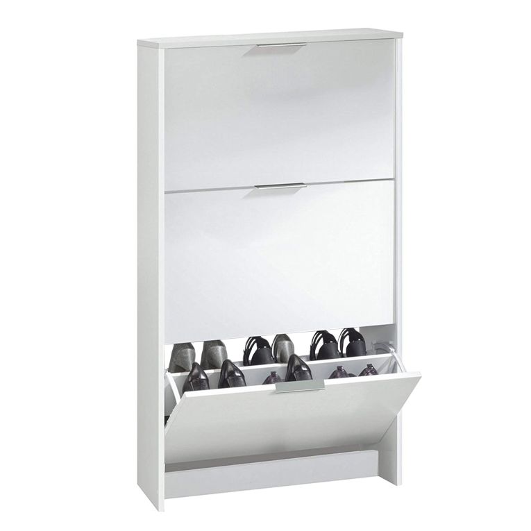 Scarpiera Escondido, Armadio portascarpe a 3 ante a ribalta-, Mobile doppia capienza per max 18 paia di scarpe, 70x17h180 cm, Bianco lucido