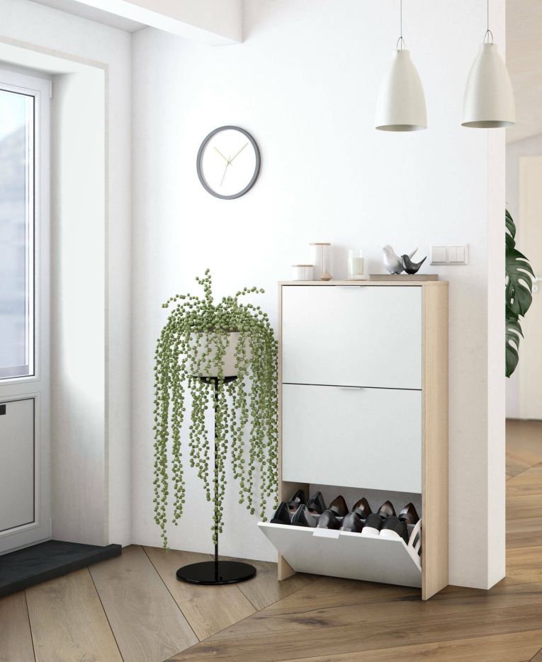 Scarpiera Escondido, Armadio portascarpe a 3 ante a ribalta-, Mobile doppia capienza per max 18 paia di scarpe, 70x17h180 cm, Rovere e Bianco lucido