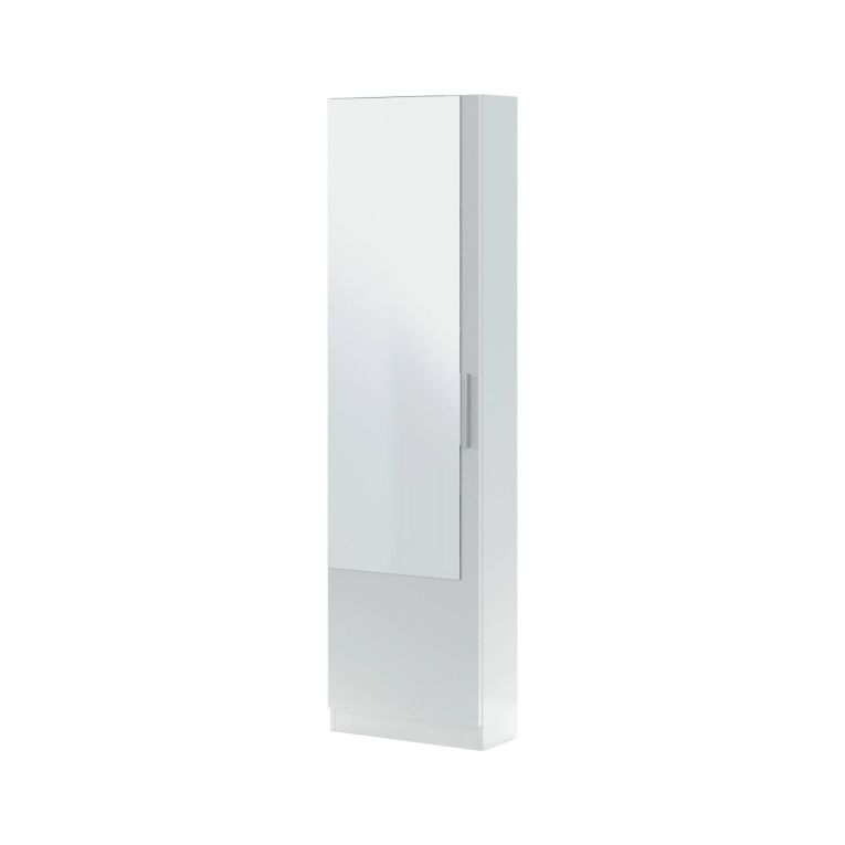 Scarpiera Eugene, Armadio portascarpe alta a 1 anta, Mobile portascarpe moderno, Armadio da ingresso con specchio, 50x22h180 cm, Bianco