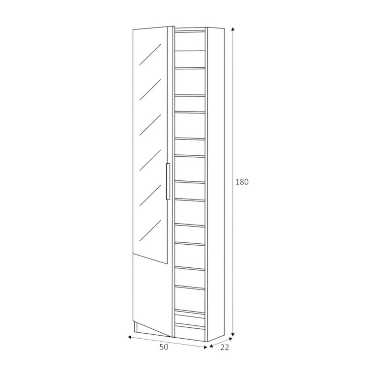 Scarpiera Eugene, Armadio portascarpe alta a 1 anta, Mobile portascarpe moderno, Armadio da ingresso con specchio, 50x22h180 cm, Bianco