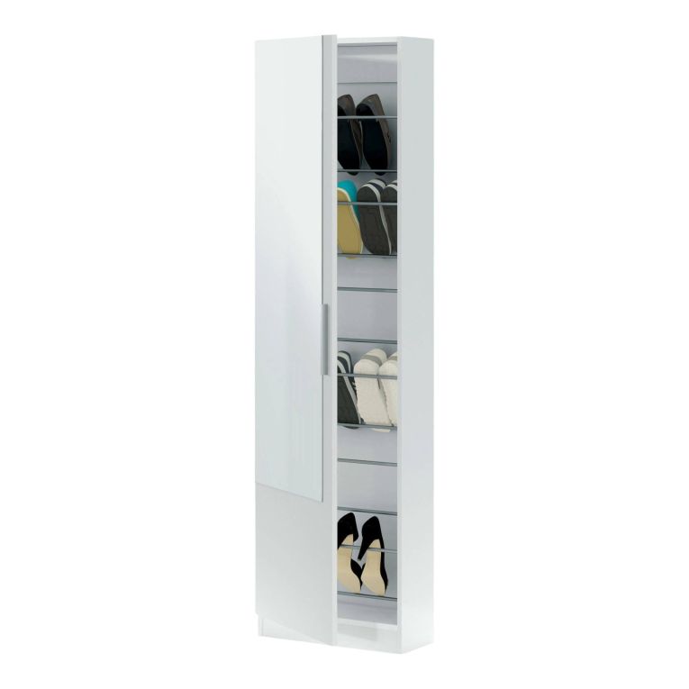 Scarpiera Eugene, Armadio portascarpe alta a 1 anta, Mobile portascarpe moderno, Armadio da ingresso con specchio, 50x22h180 cm, Bianco