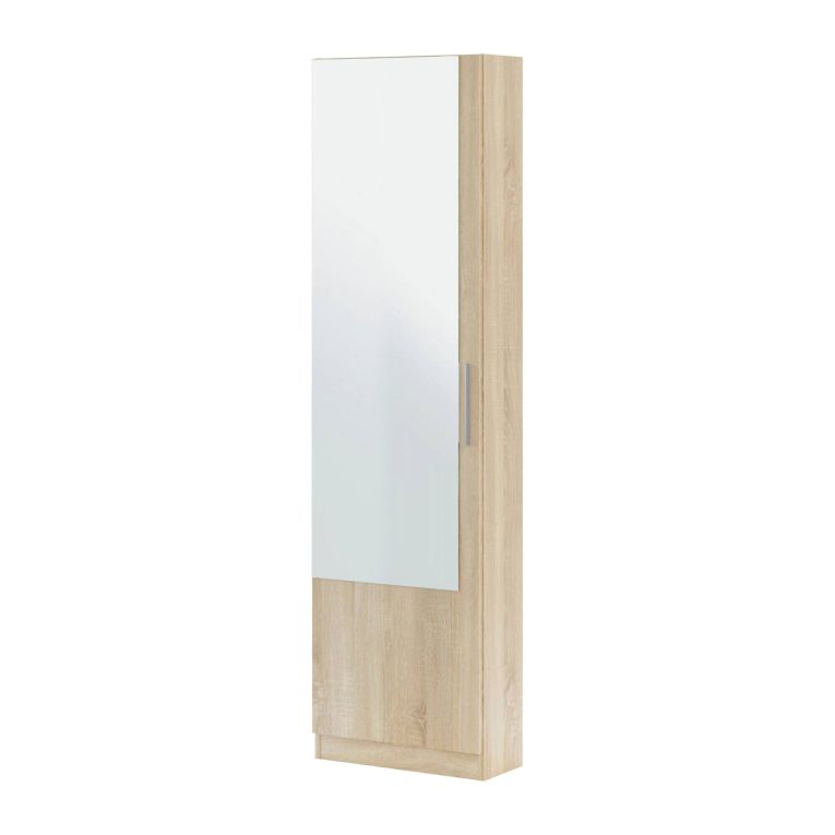 Scarpiera Eugene, Armadio portascarpe alta a 1 anta, Mobile portascarpe moderno, Armadio da ingresso con specchio, 50x22h180 cm, Rovere
