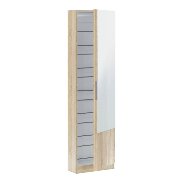 Scarpiera Eugene, Armadio portascarpe alta a 1 anta, Mobile portascarpe moderno, Armadio da ingresso con specchio, 50x22h180 cm, Rovere