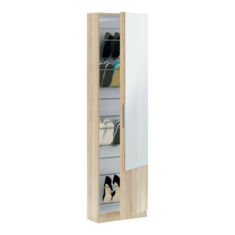 Scarpiera Eugene, Armadio portascarpe alta a 1 anta, Mobile portascarpe moderno, Armadio da ingresso con specchio, 50x22h180 cm, Rovere