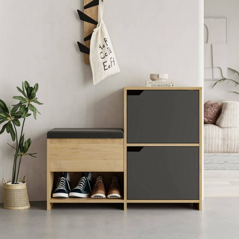 Scarpiera Felis, Mobile portascarpe, Armadio da ingresso multiuso, Mobiletto per calzature, 102x36 h81 cm, Antracite e Quercia