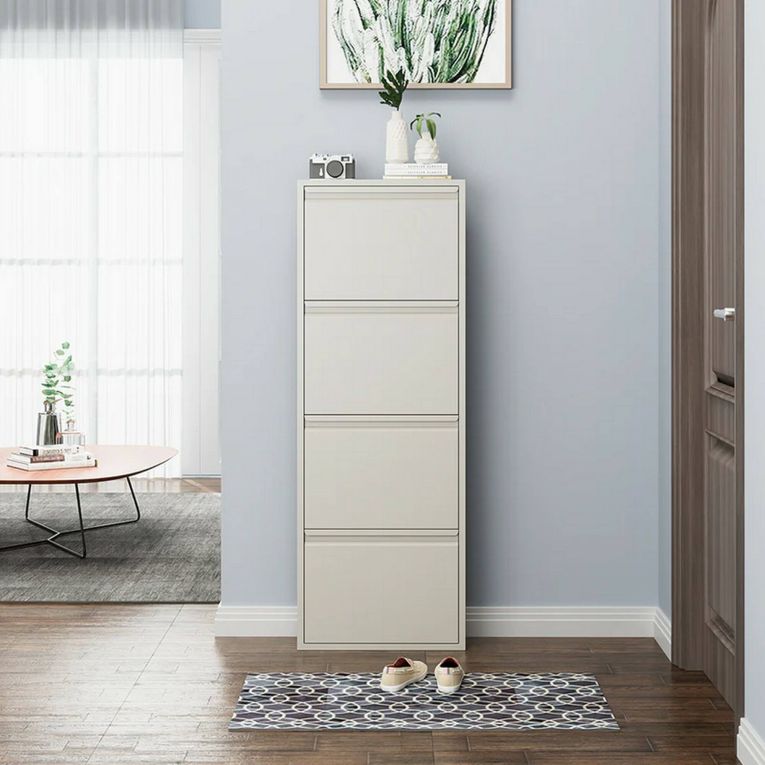 Scarpiera Gonzalo, Mobile portascarpe in metallo, Armadio da ingresso multiuso, Mobiletto per calzature, 50x15h138 cm, Bianco