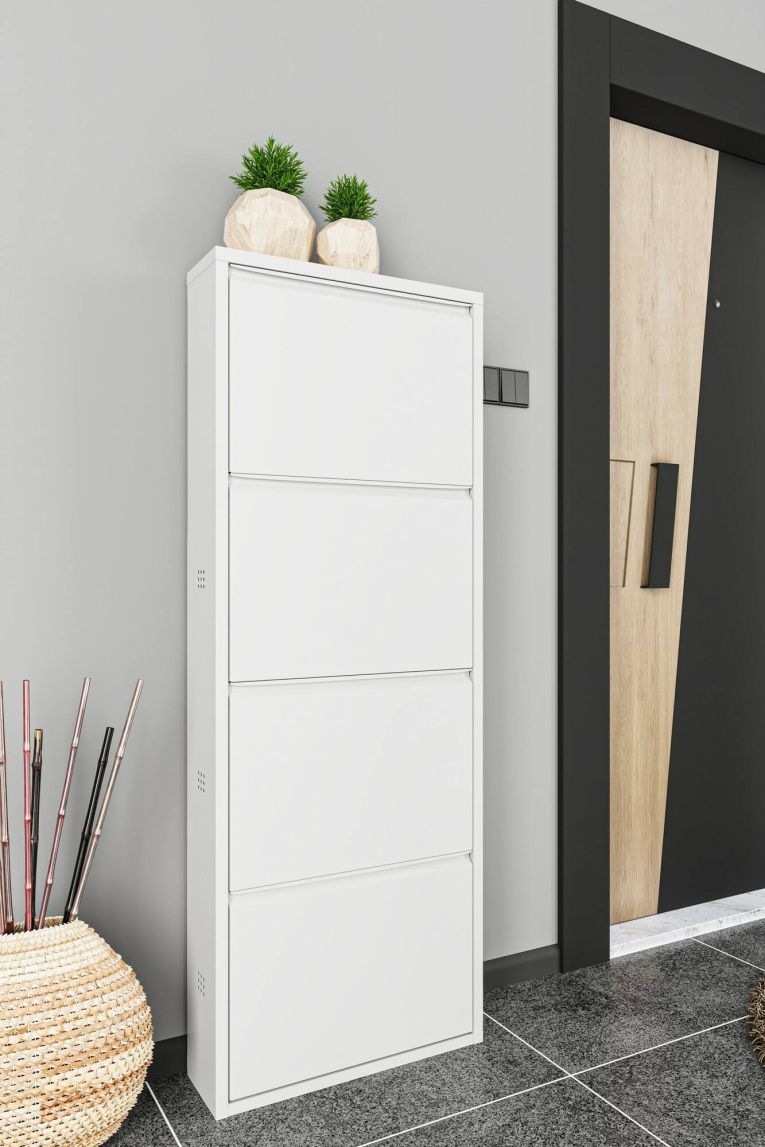 Scarpiera Gonzalo, Mobile portascarpe in metallo, Armadio da ingresso multiuso, Mobiletto per calzature, 50x15h138 cm, Bianco