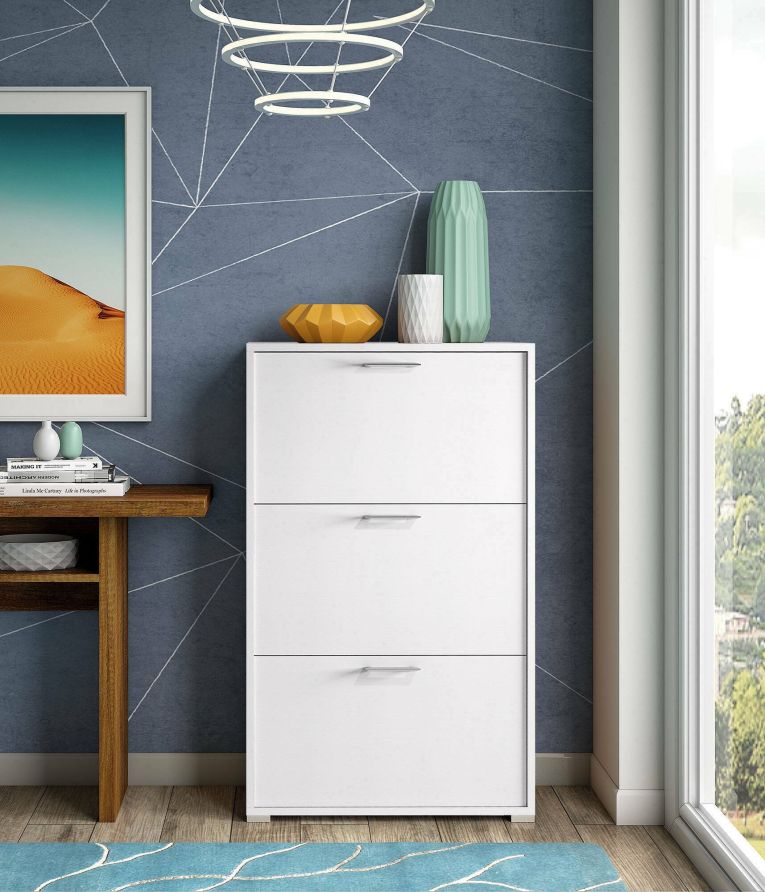 Scarpiera Iris, Mobile multiuso da ingresso con 3 ante a ribalta-, Armadietto portascarpe moderno, 100% Made in Italy, 67x18h112 cm, Bianco