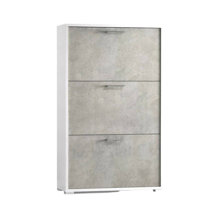 Scarpiera Iris, Mobile multiuso da ingresso con 3 ante a ribalta-, Armadietto portascarpe moderno, 100% Made in Italy, 67x18h112 cm, Bianco e Cemento