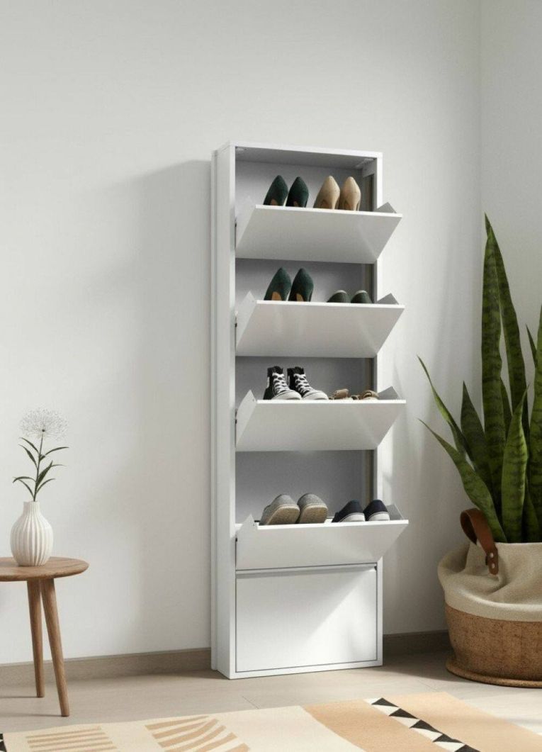 Scarpiera Isidro, Mobile portascarpe in metallo, Armadio da ingresso multiuso, Mobiletto per calzature, 50x15h172 cm, Bianco