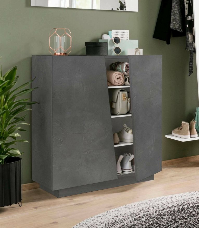 Scarpiera Joel, Mobile multiuso a 2 ante, Portascarpe da ingresso, 100% Made in Italy, cm 80x38h86, Ardesia