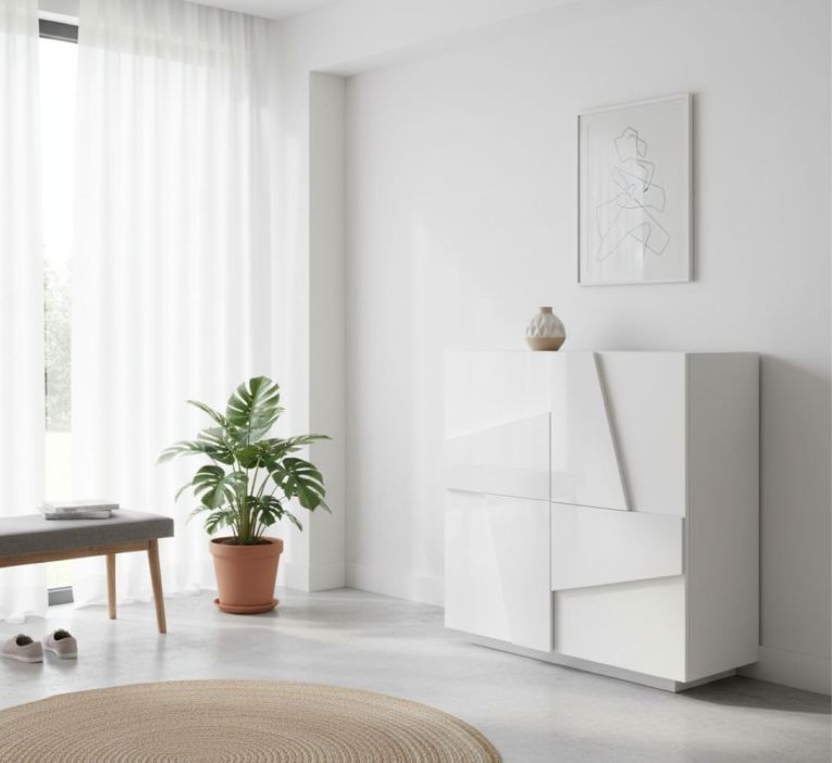 Scarpiera Joel, Mobile multiuso a 2 ante, Portascarpe da ingresso, 100% Made in Italy, cm 81x38h86, Bianco lucido con dettaglio