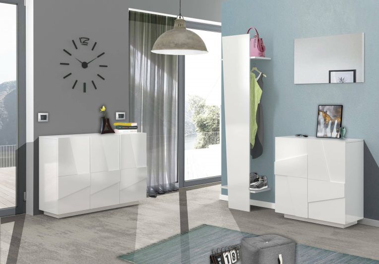 Scarpiera Joel, Mobile multiuso a 2 ante, Portascarpe da ingresso, 100% Made in Italy, cm 81x38h86, Bianco lucido con dettaglio