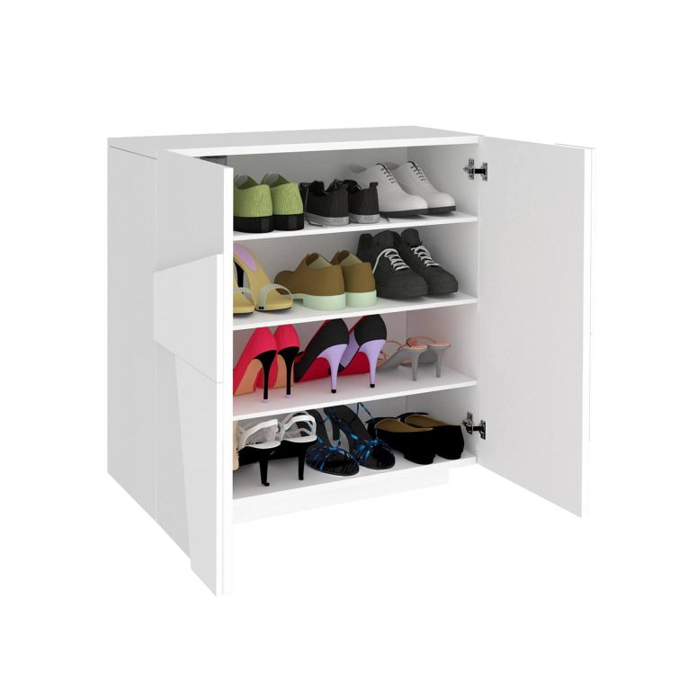 Scarpiera Joel, Mobile multiuso a 2 ante, Portascarpe da ingresso, 100% Made in Italy, cm 81x38h86, Bianco lucido con dettaglio