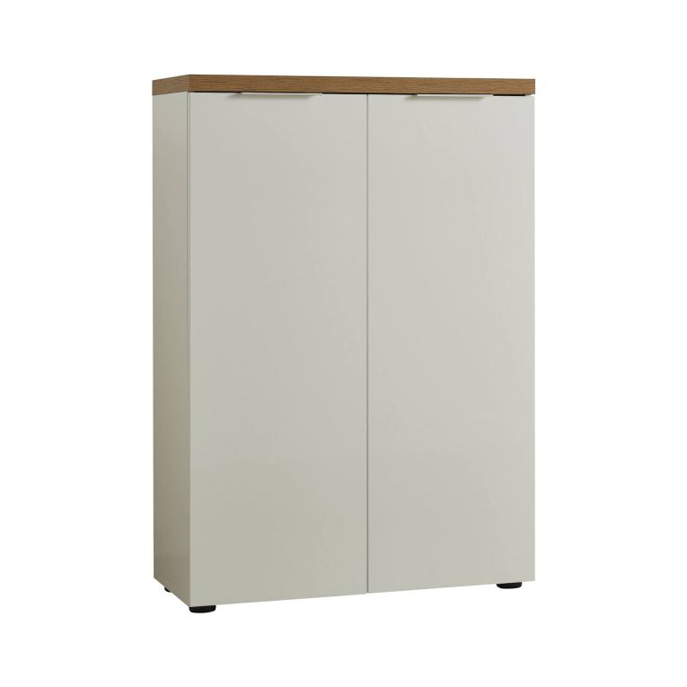 Scarpiera Kinsasha, Mobile portascarpe, Armadio da ingresso multiuso, Mobiletto per calzature, Made in Italy, 80x34h115 cm, Bianco lucido e Rovere