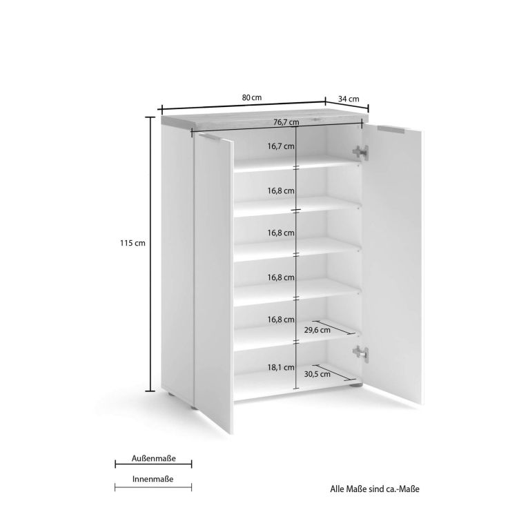 Scarpiera Kinsasha, Mobile portascarpe, Armadio da ingresso multiuso, Mobiletto per calzature, Made in Italy, 80x34h115 cm, Bianco lucido e Rovere