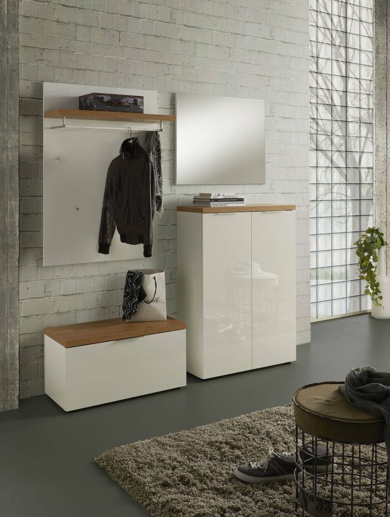 Scarpiera Kinsasha, Mobile portascarpe, Armadio da ingresso multiuso, Mobiletto per calzature, Made in Italy, 80x34h115 cm, Bianco lucido e Rovere