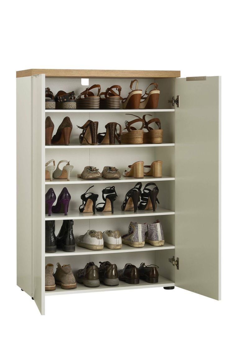 Scarpiera Kinsasha, Mobile portascarpe, Armadio da ingresso multiuso, Mobiletto per calzature, Made in Italy, 80x34h115 cm, Bianco lucido e Rovere