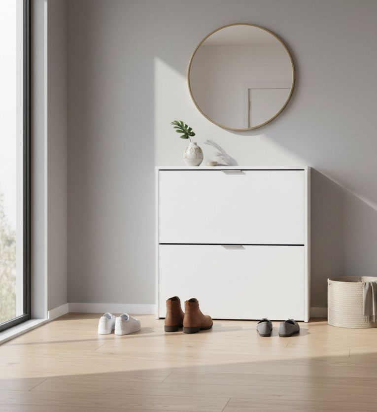 Scarpiera Louisville, Armadio portascarpe a 2 ante a ribalta-, Scarpiera bassa da ingresso, Mobile basso, 75x22h76 cm, Bianco